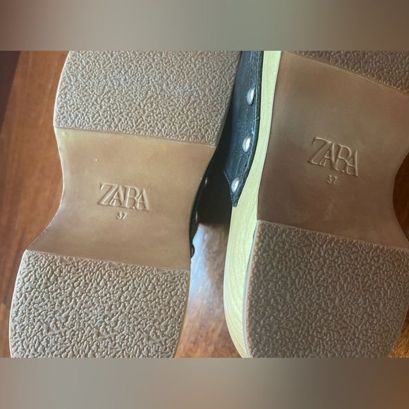 NWOT  NEW ZARA WOMEN WOODEN STUDDED BLACK LEATHER CLOGS MULE SLIPPERS SIZE 37 - Picture 9 of 16